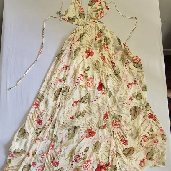 Fashion Nova Cream Floral Halter Dress with Pink & Green Accents - Picture 2 of 5